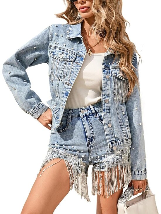 Jackets & Blazers - 〽️Women's Blue Pearl Beaded Denim Jacket Rhinestone Fringe Heart Design